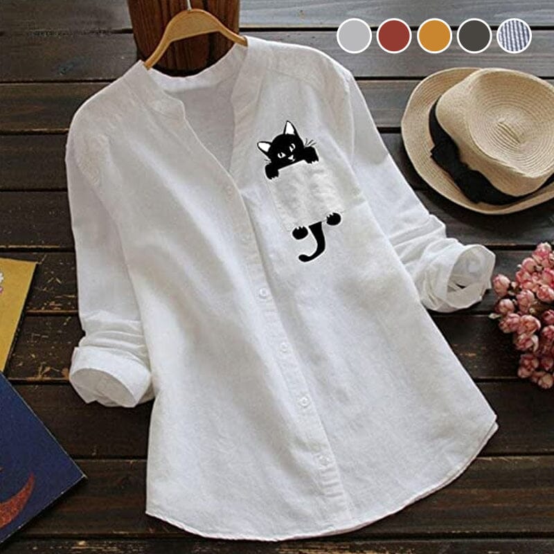 V-neck Cotton And Cat Print Long Sleeve Blouse